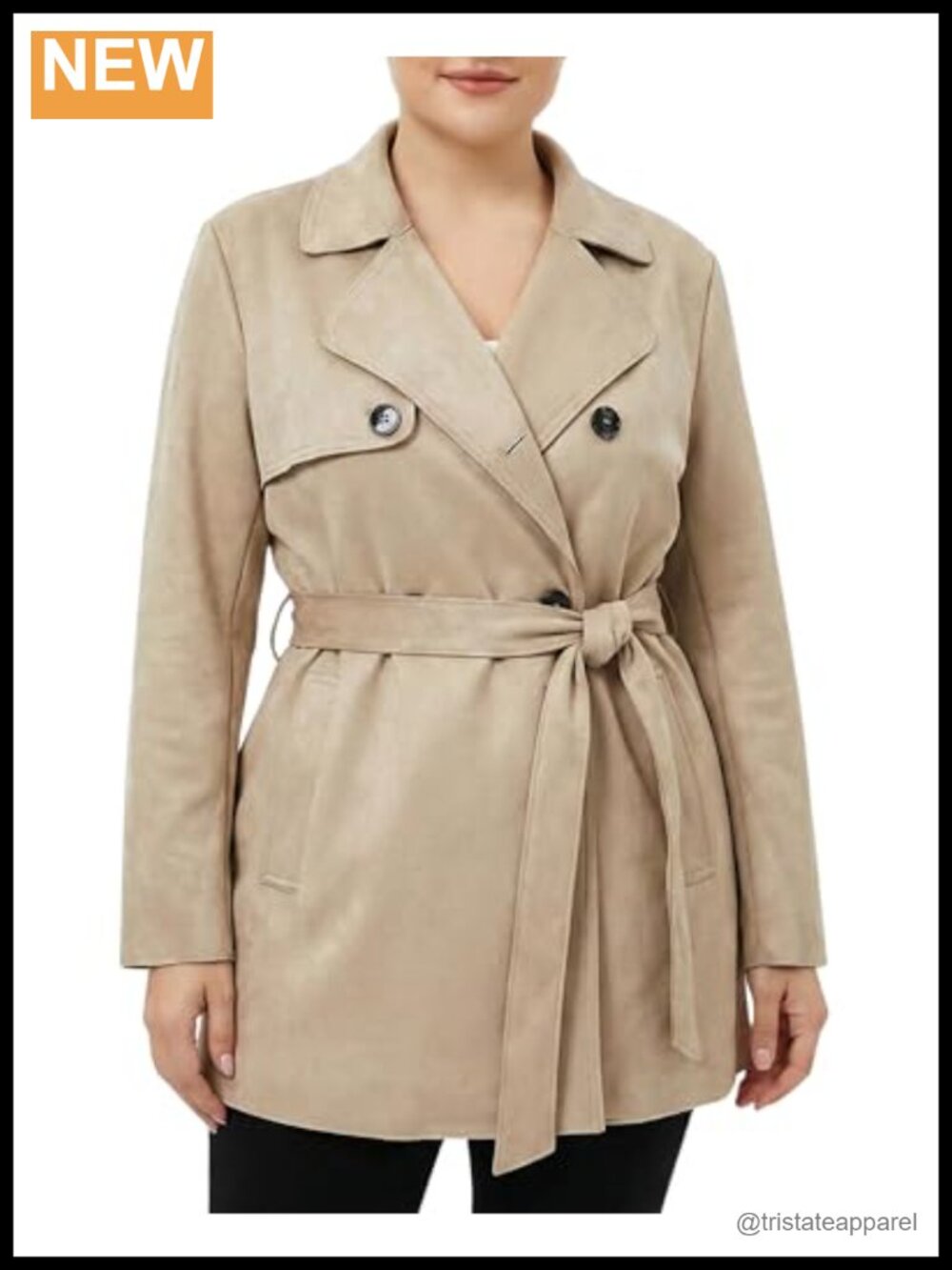 Faux Suede Short Trench Coat Double-Breasted Notch Collar Belted Women's